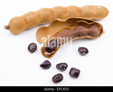 Getrocknete Tamarinde Früchte mit Samen auf weißem Hintergrund. Eine offene Hülse mit Fruchtfleisch im Inneren der Schale. Tamarindus Indica. Stockfoto