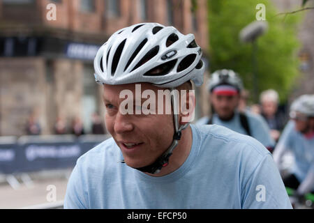 Ein Porträt von Sir Chris Hoy während seiner Tour in Edinburgh. Chris Hoy Tour in Grass Markt Edinburgh. Stockfoto