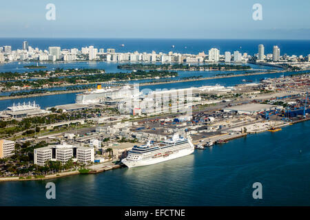 Miami Florida, Hafen, Biscayne Bay, Schiff, Miami Beach, Atlantischer Ozean, Luftaufnahme von oben, MacArthur Causeway, Blick durch das Fenster, FL150106 Stockfoto