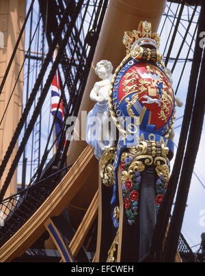 Aushängeschild der berühmten Flaggschiff Nelsons HMS Victory, Historic Dockyard, Portsmouth, Hampshire, England, Vereinigtes Königreich Stockfoto