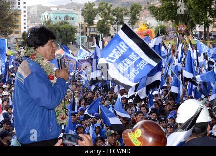 La Paz, Bolivien. 31. Januar 2015. Boliviens Präsident Evo Morales spricht bei der Vorstellung der Kandidaten der Bewegung zum Sozialismus (MAS) die Bürgermeisterämter und der Gouverneur von La Paz-Abteilung, in der Stadt La Paz, Bolivien, am 31. Januar 2015. Bildnachweis: Carlos Barrios/ABI/Xinhua/Alamy Live-Nachrichten Stockfoto