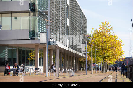 Die Menschen gehen in der warmen Herbstsonne unter goldenen Bäumen entlang am Hafen Bristol Schwimmdock. Stockfoto