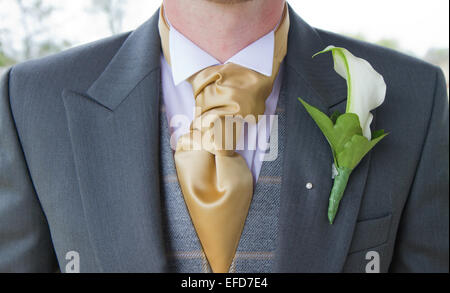 Bräutigam mit Krawatte und die Corsage am Revers Stockfoto