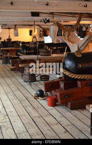 Wichtigsten Batteriedeck auf HMS Warrior das weltweit erste Eisen verkleidet Kriegsschiff. Stockfoto