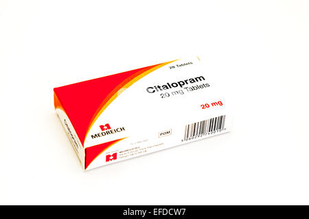 SSRI-Antidepressiva Tabletten SSRI Citalopram anti-Beruhigungsmittel Depression Medikamente Rezept Heilmittel Tablet Kur Box Paket Stockfoto