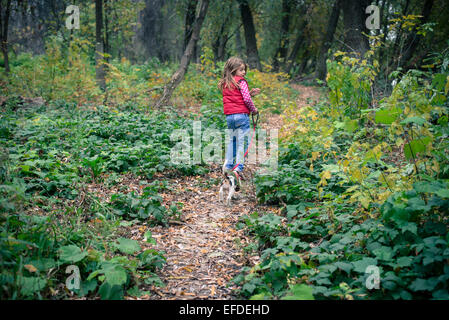 Mädchen mit Beagle Welpen im Wald laufen Stockfoto