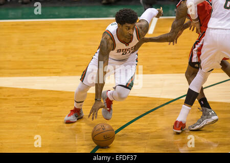 Milwaukee, WI, USA. 31. Januar 2015. Milwaukee Bucks guard O.J. Mayo #00 in Aktion während der NBA-Spiel zwischen den Portland Trail Blazers und die Milwaukee Bucks im BMO Harris Bradley Center in Milwaukee, Wisconsin. Bucks besiegten die Trail Blazers 95-88. John Fisher/CSM/Alamy Live-Nachrichten Stockfoto