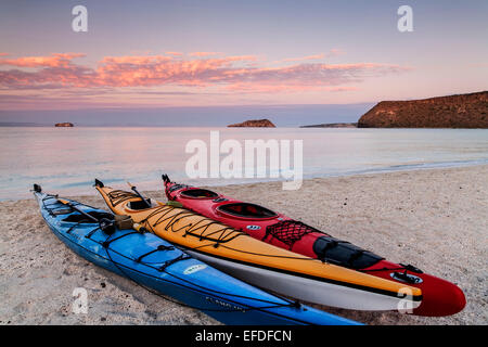 Kajaks am Strand, Insel Espiritu Santo, Sea of Cortez, in der Nähe von La Paz, Baja California Sur, Mexiko Stockfoto