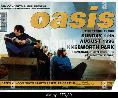 Verwendet Oasis Konzert Ticket Stub aus Knebworth Park, Stevenage, Hertfordshire, Großbritannien - Sonntag, 11. August 1996. Stockfoto