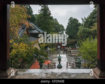 Auf der Suche nach unten durch das Torii-Tor zu einer Frau mit einem blauen Schirm, Kunozan Tosho-Go-Shinto-Schrein, Shizuoka, Japan Stockfoto