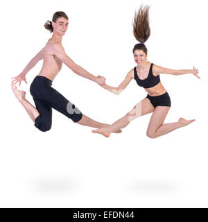 paar Mann und Frau trainieren Fitness springen auf weißem Hintergrund Stockfoto