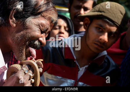 Schlange, Charmeur und Aktivist Mr Mal zeigt seine Schlange-Trick und verdient seinen Lebensunterhalt in einem Dorf in der Nähe von Berachampa in West-Bengalen zu vermarkten. © Saikat Paul/Pacific Press/Alamy Live-Nachrichten Stockfoto