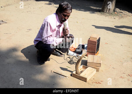 Schlange, Charmeur und Aktivist Mr Mal zeigt seine Schlange-Trick und verdient seinen Lebensunterhalt in einem Dorf in der Nähe von Berachampa in West-Bengalen zu vermarkten. © Saikat Paul/Pacific Press/Alamy Live-Nachrichten Stockfoto