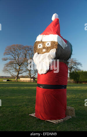 Happy Xmas. Eine große komische Figur des Santa Claus aus Heuballen. Es ist ein eigenwilliges Weihnachtszeit in der Landschaft von Dorset. England, UK. Stockfoto