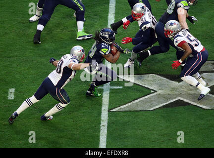 Glendale, Arizona, USA. 1. Februar 2015. Seattle Seahawks Runningback Marshawn Lynch #24 führt vorbei an New England Patriots defensive End Rob Ninkovich #50 während der ersten Hälfte des Super Bowl XLIX zwischen den Seattle Seahawks und die New England Patriots im University of Phoenix Stadium in Glendale, AZ © Action Plus Sport/Alamy Live News Stockfoto