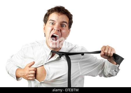 junge Büroangestellte verrückt durch Stress schreien isoliert auf weiss Stockfoto