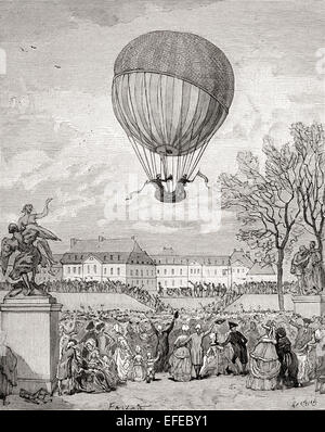 Professor Jacques Charles und Nicolas-Louis Robert fliegen den weltweit ersten bemannten Wasserstoff Ballon am 1. Dezember 1783 in den Tuilleries Gärten, Paris, Frankreich. Stockfoto