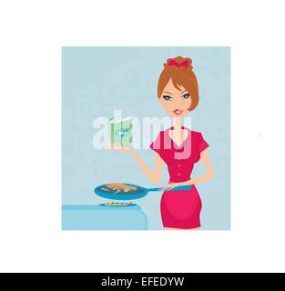 Schöne Frau mit Buch in der Küche Kochen Braten Stock Vektor
