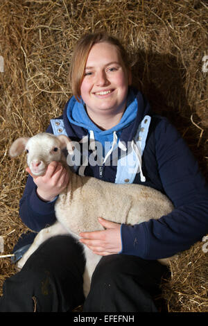 Blackpool, Lancashire, UK. 2. Februar 2015. Abi Harris, 18 mit ein zwei Tage alten, BritishMilk Winter Lamm, Waise auf Parrs Bauernhof geboren. Die neugeborenen Lämmer am Farmer Parr Tierwelt sind Keith und Colin getauft. Sie wurden von einem lokalen Schafzüchter angenommen hatte 2 verwaiste Lämmer, eine gerade geborene Triole, dass erforderliche Flaschenernährung. Farmpark in Fleetwood dauert manchmal in "Haustier" Lämmer zu dieser Zeit des Jahres, damit Kinder helfen kann, um sie zu füttern.  Bildnachweis: Mar Photographics/Alamy Live-Nachrichten Stockfoto