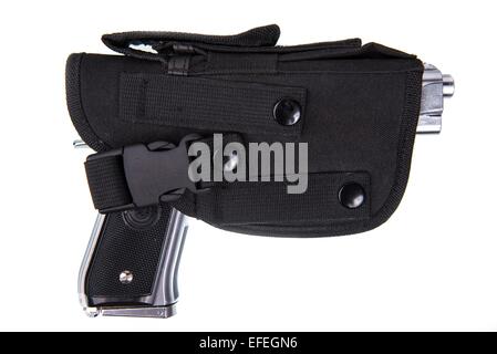 Silberne Pistole in schwarze Holster, Isolated on White Background. Stockfoto