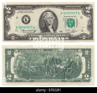 1976 Vereinigte Staaten 2 Dollar bill mit Jefferson auf der Vorderseite und der Unterzeichnung der Unabhängigkeitserklärung auf der Rückseite Stockfoto