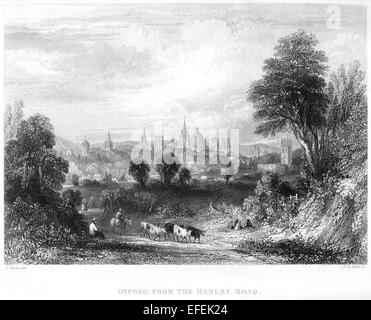Ein Stich von Oxford aus der Henley Road, der in hoher Auflösung von einem Buch aus dem Jahr 1850 gescannt wurde. Für urheberrechtlich frei gehalten. Stockfoto