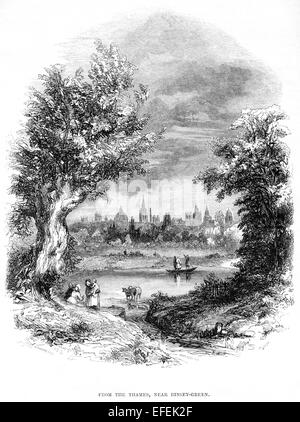 Ein Stich von Oxford von der Themse, nahe Binsey Green, gescannt in hoher Auflösung aus einem Buch, das 1850 gedruckt wurde. Für urheberrechtlich frei gehalten. Stockfoto
