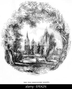 Eine Gravur der Oxford - Blick vom Christus Kirche Wiesen mit hoher Auflösung aus einem Buch gescannt gedruckt im Jahre 1850. Stockfoto
