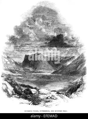 Eine Gravur von Crummock Water, Buttermere und Honister Crag, die in hoher Auflösung von einem Buch aus dem Jahr 1850 gescannt wurde. Für urheberrechtlich frei gehalten. Stockfoto