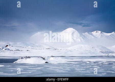 Stob Ghabhar mit Schnee bedeckt, während die blaue Stunde in der Morgendämmerung von man Na Stainge Stockfoto