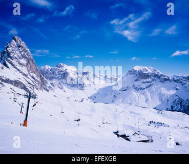 Dramatische Klippen Gesichter Munte Jela Mont De Stevia und Pisten am Col Raiser über Selva Val Gardena Winter Dolomiten winter Stockfoto