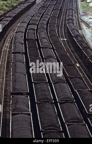 Endlose Linien des Waggons beladen mit Kohle bereit für die Auslieferung April 1974 an Kunden in Danville, West Virginia. Stockfoto