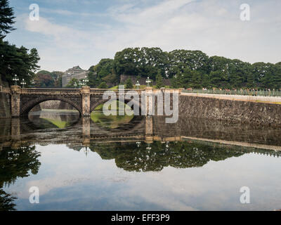 Nijubashi Brücke im Wasser der Kaiserpalast von Tokio Wassergraben spiegeln Stockfoto