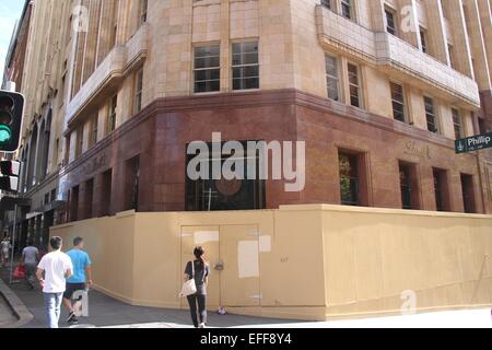 Sydney, Australien. 3. Februar 2015. Die Besitzer des Lindt Schokolade Café in Martin Place sind derzeit entscheiden, ob Sie erneut öffnen, nachdem Handwerker in zum ersten Mal seit der Sydney Belagerung konnten. Abgebildet ist das Gebäude in Martin Place. Bildnachweis: Copyright Credit: 2015 Richard Milnes / Alamy Live News Stockfoto