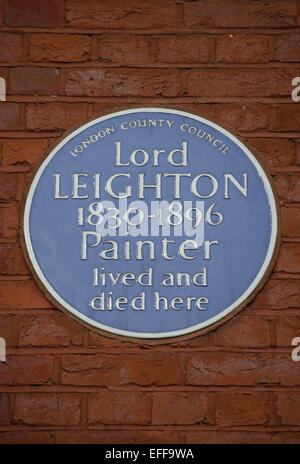 London Grafschaftsrat blaue Plakette Kennzeichnung eine Zuhause und Tod Website des Malers lord Leighton, Kensington, London, england Stockfoto