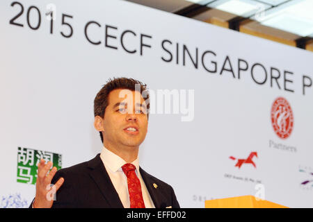 Singapur. 3. Februar 2015. China-Horse-Club (CHC) General Manager Eden Harrington spricht bei der Pressekonferenz in Singapur Ritz-Carlton, 3. Februar 2015. CHC Pressekonferenz eine am Dienstag für die bevorstehende China Equine Cultural Festival (CECF) Singapur in Singapur. CECF Singapur wird am 21. und 22. Februar stattfinden. © Dahin Chih Wey/Xinhua/Alamy Live-Nachrichten Stockfoto