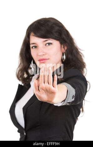 schöne mächtige Frau mit Hand vor gestikulieren stop Stockfoto