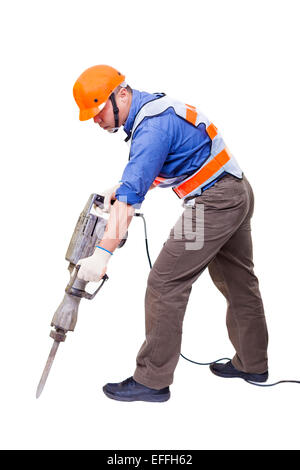 Arbeiter mit pneumatischen Hammer Bohrer Ausrüstung isoliert auf weiss Stockfoto