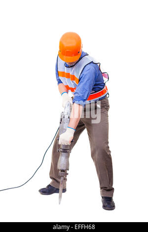 Arbeiter mit pneumatischen Hammer Bohrer Ausrüstung isoliert auf weiss Stockfoto