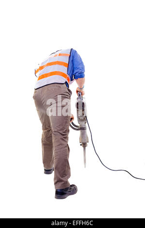 Arbeiter mit pneumatischen Hammer Bohrer Ausrüstung isoliert auf weiss Stockfoto