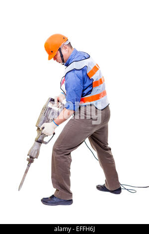 Arbeiter mit pneumatischen Hammer Bohrer Ausrüstung isoliert auf weiss Stockfoto