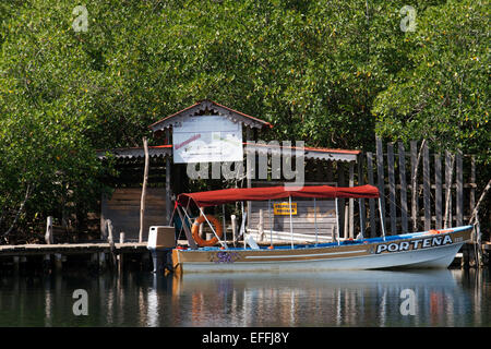 Haus auf Stelzen über Wasser und Boot und dichten tropischen Vegetation im Hintergrund, Bocas del Toro, Karibik, Panama. Tropische Stockfoto