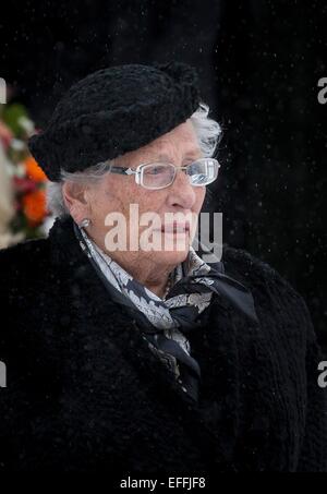 Oslo, Norwegen. 2. Februar 2015. Prinzessin Astrid von Norwegen besucht die Beerdigung ihres Mannes Johan Martin Ferner am Holmenkollen Kapell in Oslo, Norwegen, 2. Februar 2015. Bildnachweis: Dpa picture Alliance/Alamy Live News Stockfoto