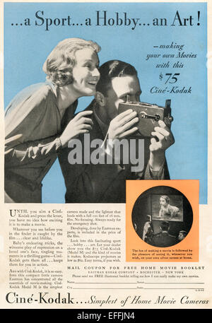 1930er Jahren amerikanische Werbung für das Ciné-Kodak Home Movie Kamera. Stockfoto