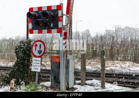 Sawston, Cambridge, UK. 3. Februar 2015. UK-Wetter: Ein northbound Zug auf die London Liverpool Street, Cambridge Linie reist durch Schnee an einem Bahnübergang in Sawston. Bildnachweis: David Jackson/Alamy Live-Nachrichten Stockfoto