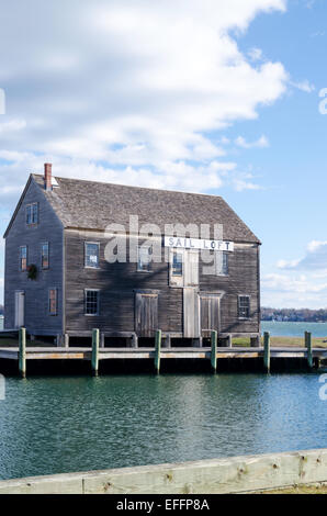 Die Sail Loft, mit dem Schatten der Freundschaft Masten. Salem Maritime National Historic Site und Besucher Attraktion, Salem Stockfoto