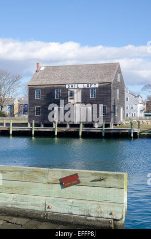 Die Sail Loft, mit dem Schatten der Freundschaft Masten. Salem Maritime National Historic Site und Besucher Attraktion, Salem Stockfoto