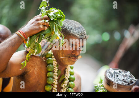 Hindu Mann mit Kavadi während Thaipusam 2015 bei Batu Caves, Malaysia Stockfoto