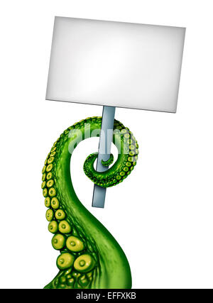 Außerirdischen Wesen Banner als leere Zeichen mit einem gruseligen grünen ufo Tentakel Arm mit einem weißen Schild mit textfreiraum als Symbol für Fantasy Science-Fiction und beängstigend Wesen aus dem Weltraum. Stockfoto