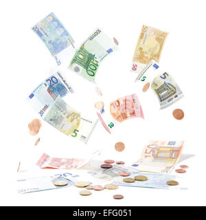 fallende Euro-Banknoten und-Münzen Stockfoto